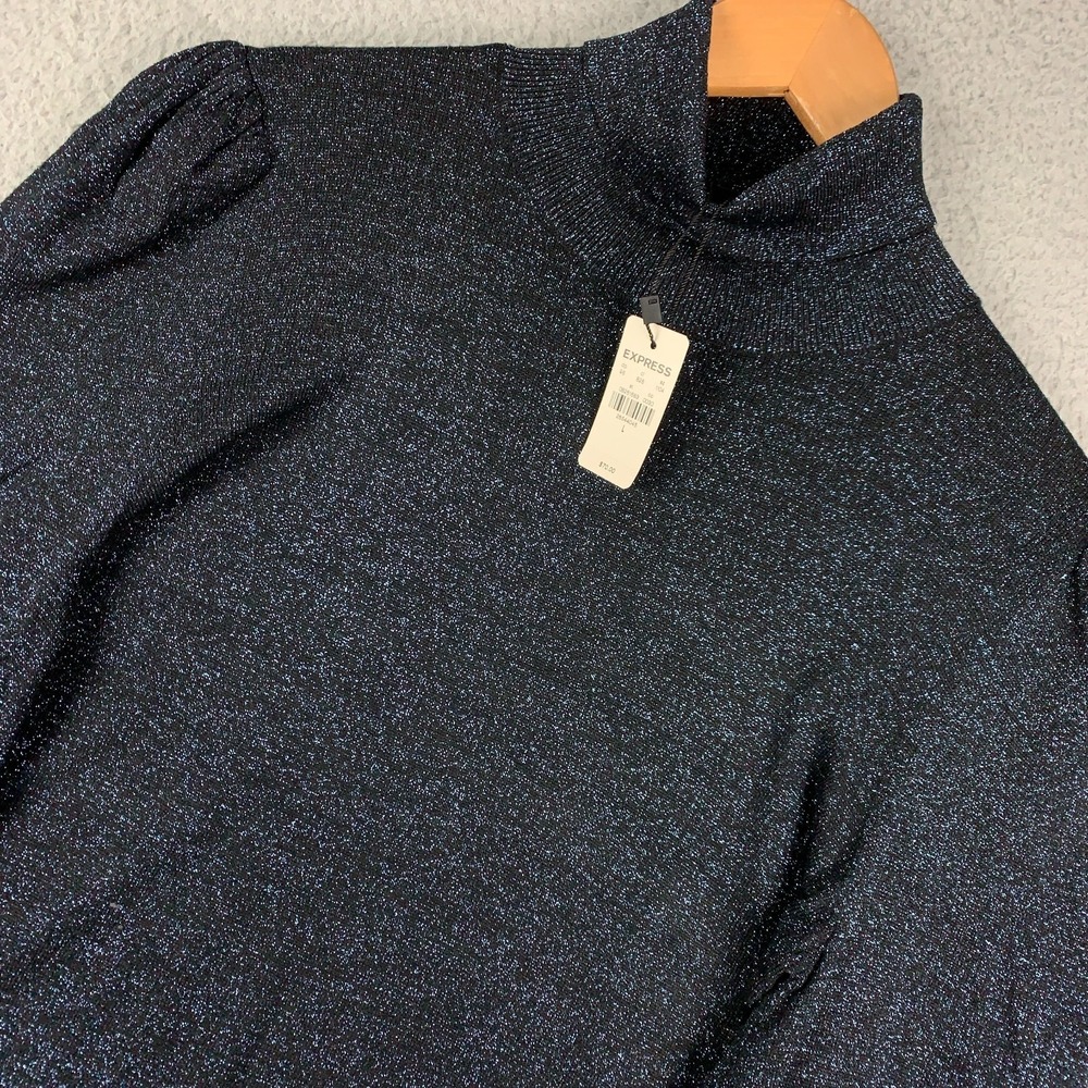 NWT Express Sweater Top Women's Large Black/Blue Metallic Puff Sleeve Turtleneck